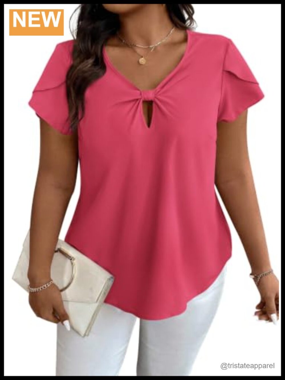 Women's V-Neck Twist Front Petal Sleeve Summer Top Loose Fit Tunic Blouse